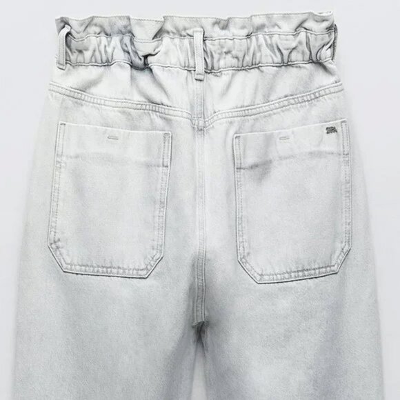 Zara Baggy Paperbag Elastic High Waist Light Grey Gray Denim Jeans Size 6 Ankle - Picture 4 of 16